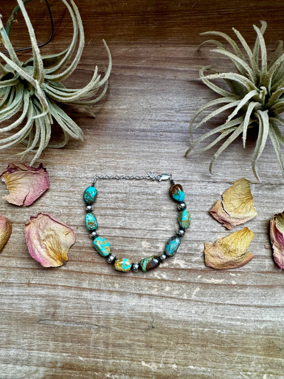 Turquoise Nugget & 6mm Sterling Silver Pearl Bracelet