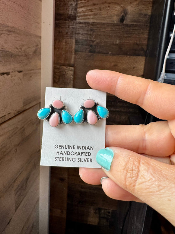 Stud Earrings – Kingman Turquoise & Pink Conch (Stamped Marcella James)